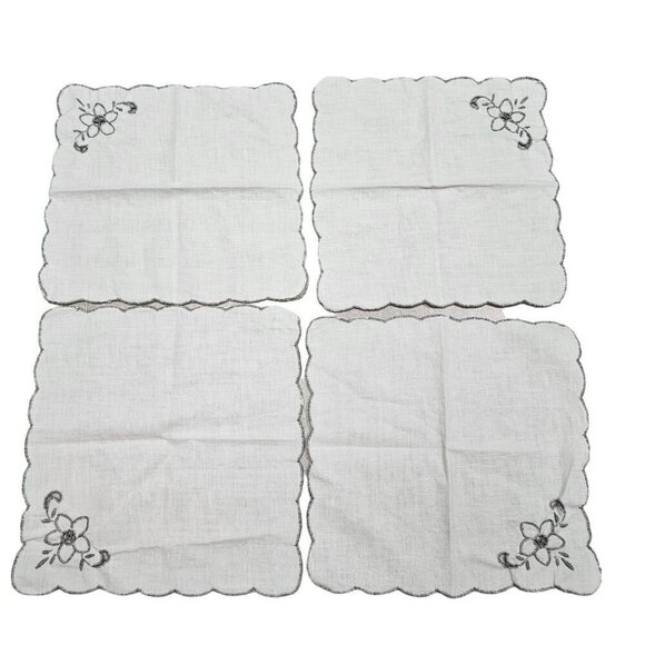 Vintage Set Of 4 Embroidered Linen Napkins With Floral Design MCM Off White Gray - Picture 3 of 6